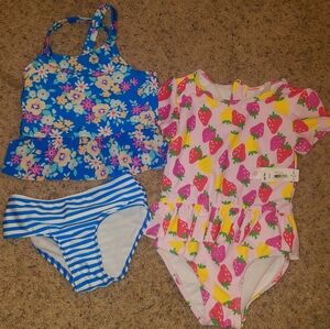 Floral and Strawberry Kids Swimsuit Set